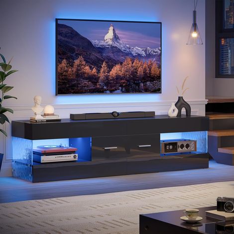 Meuble TV pour téléviseurs 65 Pouces,Meuble TV Moderne laqué Brillant avec Panneaux latéraux Effet Pierre,Centre multimédia LED avec Grand tiroir,Console TV pour Salon et Chambre(Noir) (1/5)