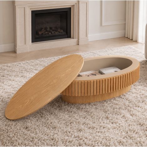 Tavolino ovale 98 cm con contenitore nascosto, legno naturale DESVIAE (1/5)