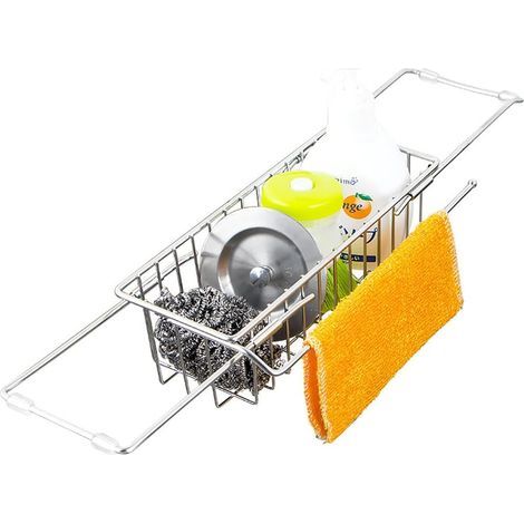 Küchenspülen-Organizer, ausziehbarer Schwammhalter, Teleskop-Abtropffläche, Edelstahl-Organizer 23–47 cm, multifunktionaler Handtuchhalter mit Schnellablauf für Küche und Bad (1/5)