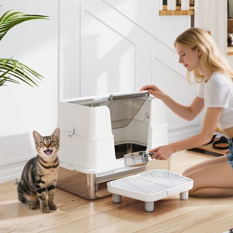 Bac Litière Grand Chat Acier Inoxydable Gris Clair, Couvercle Pivotant 100°, Pelle Incluse, 60,2x40,2x44,5cm (1/5)