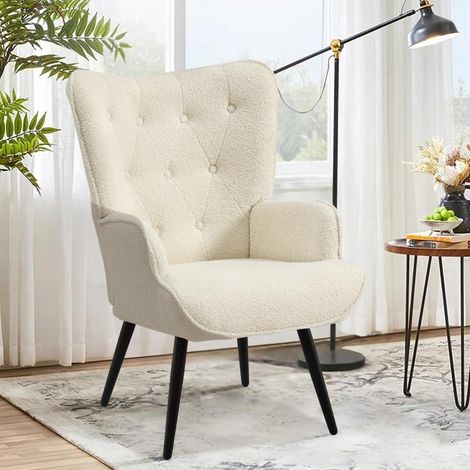Ohrensessel Sherpa Bouclé Weiß, Skandinavischer Stil, Hohe Rückenlehne, Wohnzimmer (1/5)