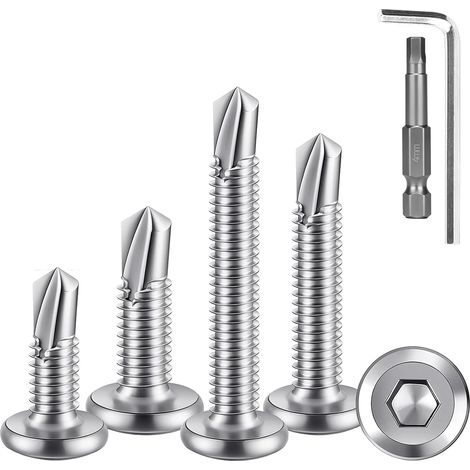 Lot de 100 vis autotaraudeuses en acier inoxydable 410 M5,5 x 35 mm à tête plate à six pans creux, vis à tôle argentées avec tournevis et clé à six pans creux (1/5)