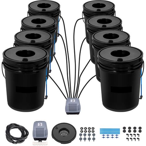 Système de culture hydroponique DWC 8 seaux de 5 gallons, avec pompe à air, pierres à air et indicateur de niveau d'eau pour légumes à feuilles. (1/5)