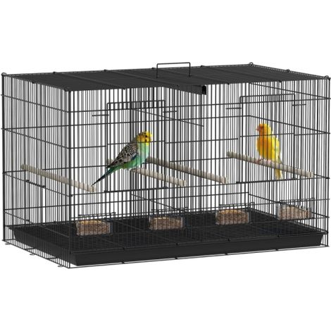 Spacious Bird Cage with Divider, 4 Wooden Perches, Slide-Out Tray, 4 Feeders for Budgies, Lovebirds, Canaries, 76x46x46cm, Black (1/5)