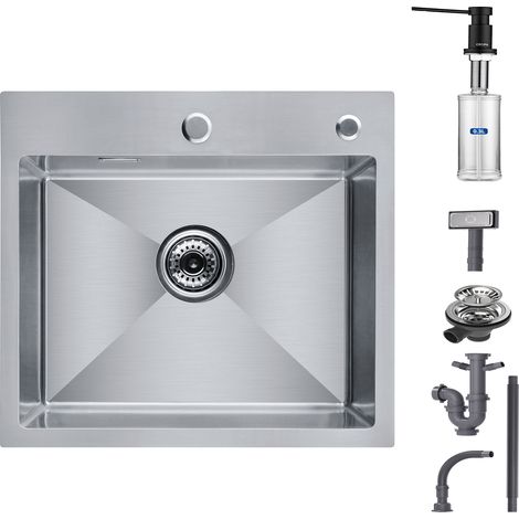 Cecipa Évier de Cuisine 1 Bac, Évier de Cuisine 50 x 45 x 18,5 cm, Évier de Cuisine Carré Inoxydable Brossé + Distributeur de Savon Noir (1/5)
