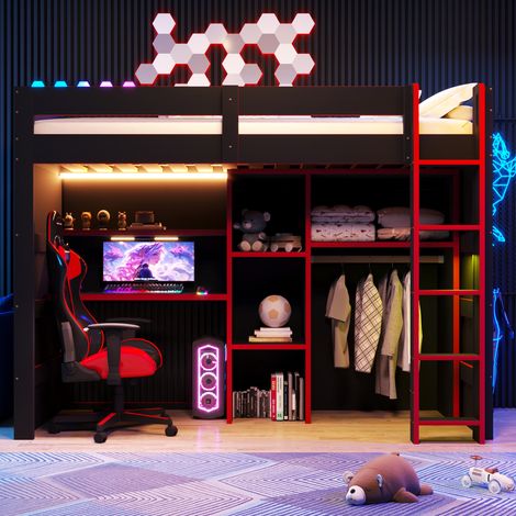 Lit mezzanine gaming en bois 90x200cm avec bureau, armoire, rangements multi-niveaux, éclairage LED, port de chargement USB, noir et rouge (1/5)