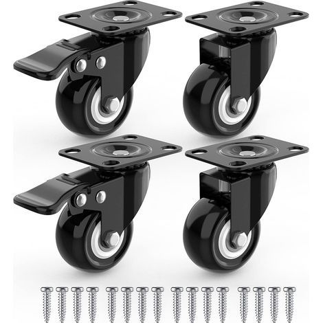 4 Roulettes Pivotantes Pour Meubles dont 2 avec Frein + Vis - 40mm Jusqu'à 80KG - Roulette Sans Traces au Sol pour Charge Lourde - Roue en Caoutchouc pour Chariot - Noires (1/5)
