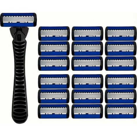 rasoir electriques hommes-Rasoir manuel 6 lames – Pour toutes barbes (1 manche gris + 18 lames noires & bleues 6 couches)