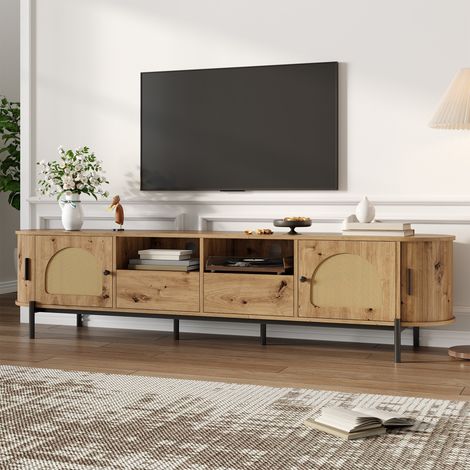 Meuble TV ovale 200 cm, avec 2 portes coulissantes, 2 portes en rattan, 2 tiroirs et rangements, finition bois, pieds métalliques - Couleur chêne