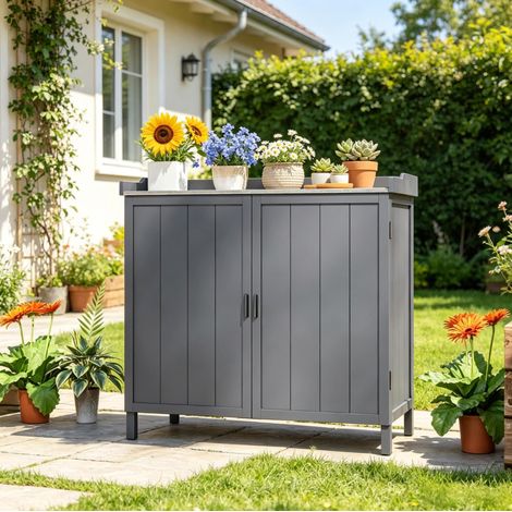 Gartenschrank 98 x 48 x 95,5 cm Grau aus Tannenholz und verzinktem Metall HAVRYA (1/5)
