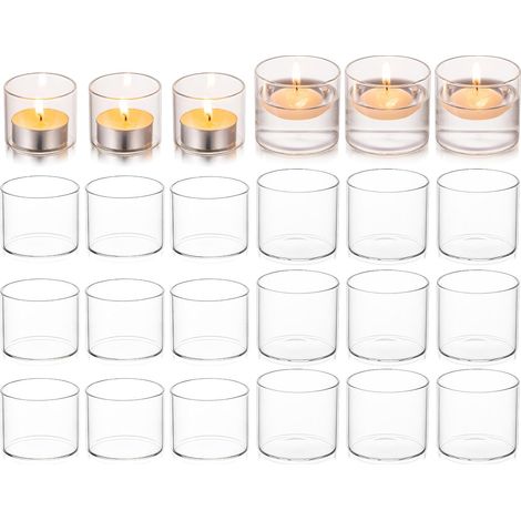 Lot de 24 bougeoirs en verre transparent pour bougies chauffe-plat, bougies flottantes et photophores pour décoration de table de mariage, centre de table, salon, décoration d'intérieur