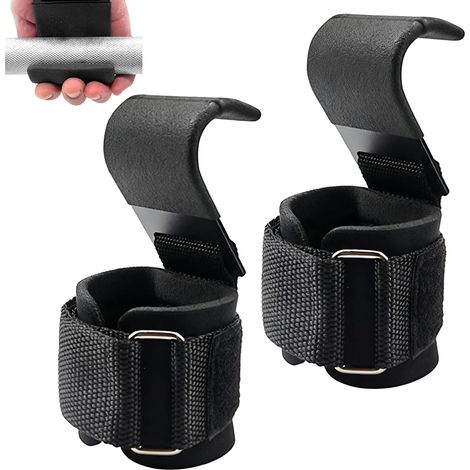 Ganchos para levantamiento de pesas con vendaje de muñeca de neopreno de 8 mm, para culturismo, gimnasio, fitness, levantar y traccionar barra, CrossFit, remo y peso muerto, hombres y mujeres (par) (1/5)
