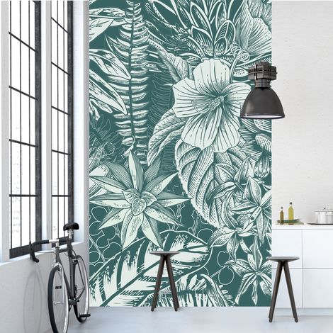 Papier peint intissé motif floral vert foncé, feuillages et fleurs de la jungle tropicale, 250 cm X 150 cm (1/2)