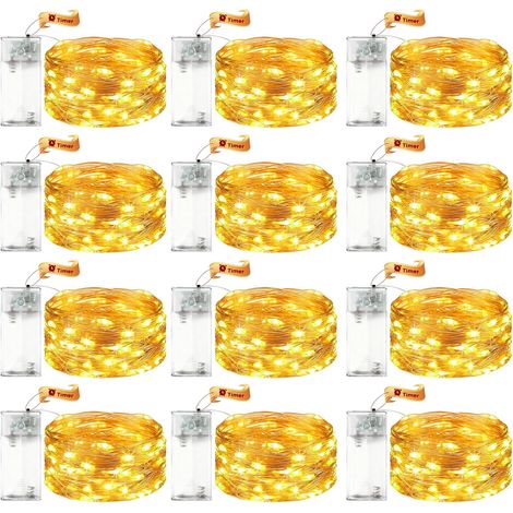 Lot de 12 guirlandes lumineuses LED à piles avec minuteur - 3 m - 30 LED - Micro fil de cuivre - Guirlande lumineuse d'intérieur à piles - Blanc chaud - Avec minuterie - Pour mariage, réveillon (1/5)