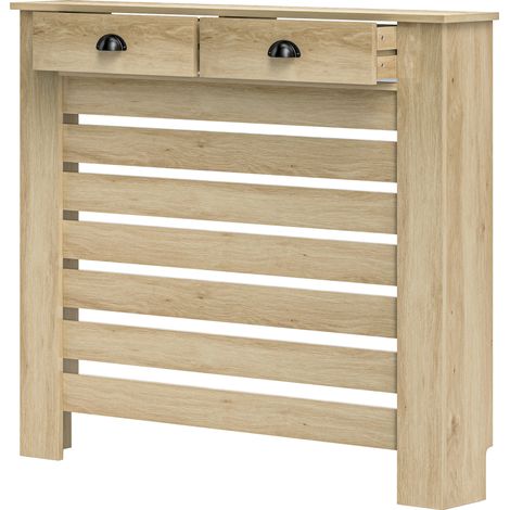 Cache-radiateur avec grille à lattes horizontales et 2 tiroirs en bois, 111 cm (L) x 19 cm (P) x 95,5 cm (H), chêne
