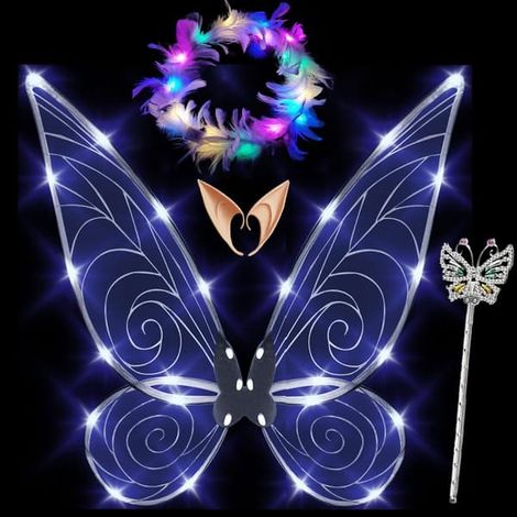BelleRise - Ailes de fée scintillantes pour adultes, serre-têtes LED et étoiles pour fête de carnaval. Libellule blanche. (1/5)