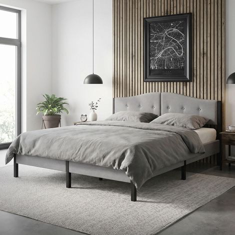 ML-Design Polsterbett 180x200 cm, Doppelbett mit stabilem Bettgestell, Bettrahmen mit gepolstertes Kopfteil & Lattenrost, Modernes Jugendbett, Bett mit Stahlrahmen & Leinenstoff für Schlafzimmer, Grau (1/5)