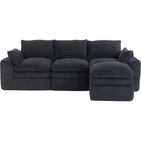 Sofá modular de 3 plazas en terciopelo de pana negro con puf, cojines y bolsillos laterales (1/5)