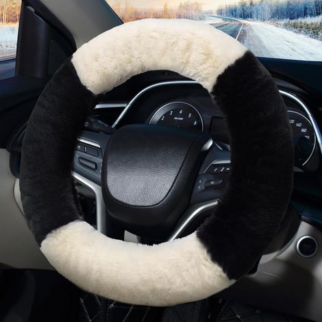 Lenkradbezug Fell Plüsch Universal 36-39cm Winter Warm Atmungsaktiv Schwarz Weiß (1/5)