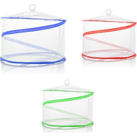 3x Copri-alimenti, Parasole da tavola di diversi colori, Cappuccio protettivo anti-insetti in varie dimensioni (3 pezzi - blu/rosso/verde) (1/4)