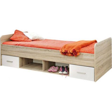 Lit simple Dino avec 2 tiroirs + 2 niches - 90 x 200 cm - Chêne et blanc - Livraison gratuite (1/5)