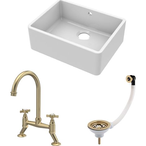 Fireclay Kitchen Bundle - 595mm Single Bowl Butler Sink with Overflow, Waste & Bridge Mixer Kitchen Tap, Brushed Brass - Balterley