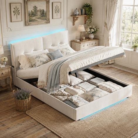 Lit coffre hydraulique 160x200 cm – en velours beige – bandeau LED tête et pied (1/5)