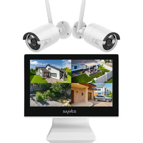 SANNCE Sistema di telecamere di sicurezza wireless 10CH, NVR 5MP monitor LCD da 10,1'', 2 telecamere IP, rilevamento movimento, remoto APP, 4TB HDD (1/5)