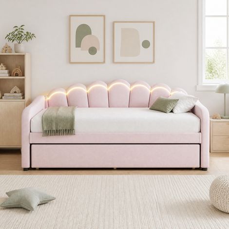 MEUBLIV Cama 90x200 cm rosa con cama nido y LED integrada, sin colchón (1/4)