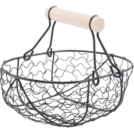 PoignéE en Bois MéTal RéTro Panier Portable Multifonction LéGumes LéGumes Oeufs éPicerie Panier de Rangement Pratique Organisateur Noir (1/4)