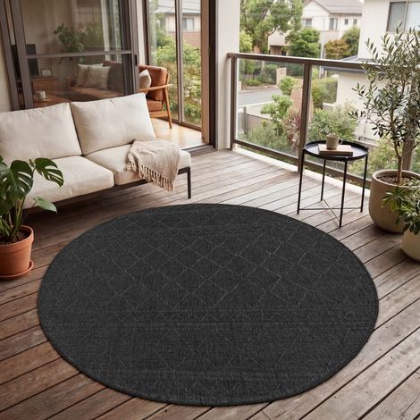 Paco Home Alfombra Exterior Interior Balcón Terraza Cocina Motivo Boho Étnico Moderno Ø 200 cm redon, Antracita 2