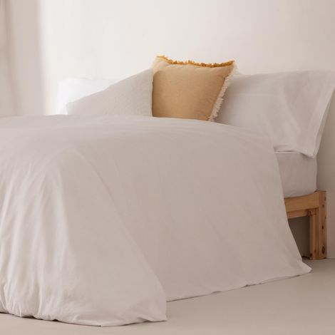 Parure de lit pour lit de 150/160, Unie 100% Coton, Housse de Couette 240x220 cm et 2 taies d'oreiller, Respirant, Doux, Couleur Blanc (1/5)