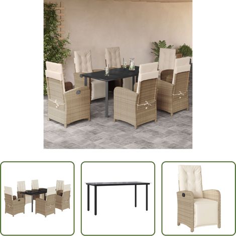 vidaXL Gartenessgruppe - 7-tlg. Garten-Essgruppe mit Kissen Beige Poly Rattan (1/5)