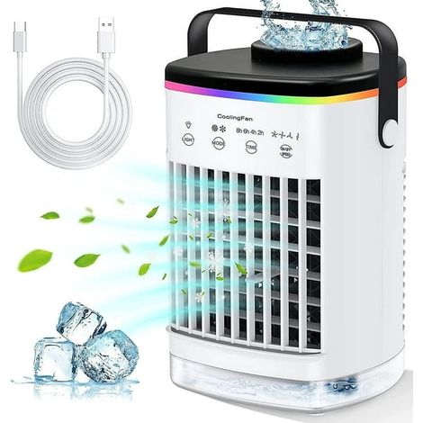 Climatiseur mobile ventilateur rafraîchissant, refroidisseur d'air évaporatif pour pièce, 4 vitesses de vent et 7 couleurs LED, 2 brumisateurs d'eau froide, minuterie 2-8 h, 3 en 1. (1/5)