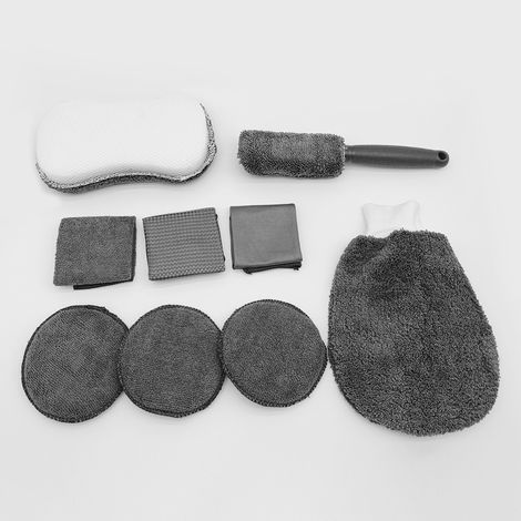 Kit Nettoyage Auto - Gant Microfibre - Brosse Jante - Éponge - 3 Pads Appliqueurs - 3 Chiffons - 9 Pièces (1/5)