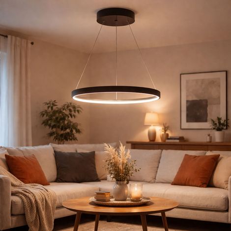Hängeleuchte Pendelleuchte Ring rund LED Lampen Wohnzimmer hängend Modern, aus Metall in schwarz-matt opal, 1x LED 19W 800Lm warmweiß, DxH 38,5x120cm
