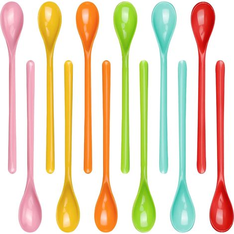 12 Cuillère,Plastique rigide,Réutilisable,18.5cm,6 Couleurs,Long manche,Yaourt,Glace,Cocktail