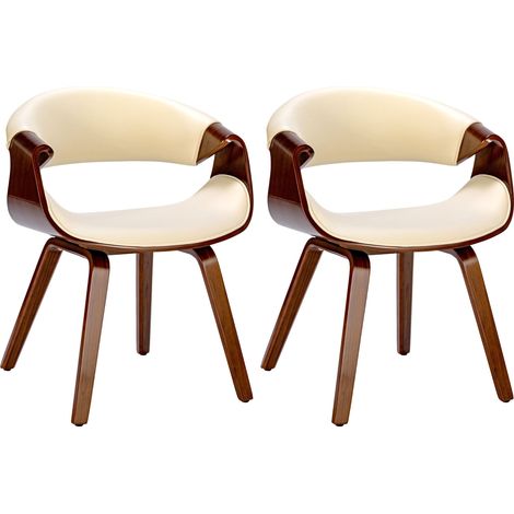 Lot de 2 chaises de salle à manger avec accoudoirs design rétro en PVC crème et bois marron 100007343