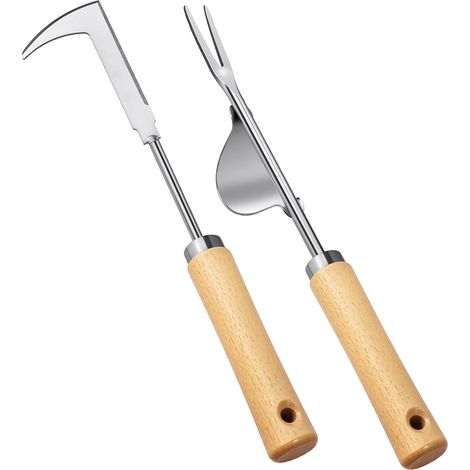 2 Pièces - Outil De Désherbage - Arrache-Mauvaises Herbes - Lame Dentelée En Acier Inox Et Forme En V Pour Jardin - Manche En Bois - Idéal Pour Fissures Et Pavés - Couleur Naturelle - 30cm (1/5)