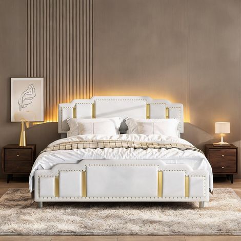 Cadre de lit beige en velours 212 x 145 x 102 cm (1/5)