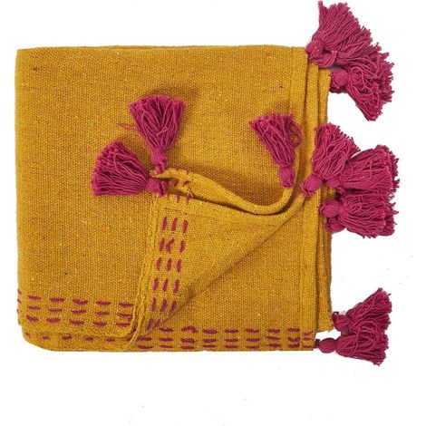 Jeté de canapé surpiqué pompons jaune 130x150 cm (1/3)