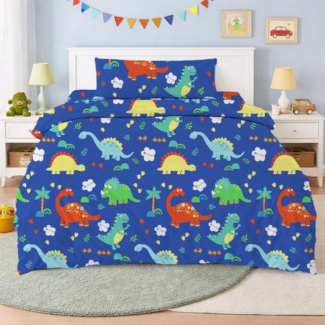 Parure de lit 3 pièces avec housse de couette de 160 x 220 cm avec 1 taie d'oreiller et drap-housse réglable, motif dinosaure en polyester, très douce et respirante Bleu marine (1/5)