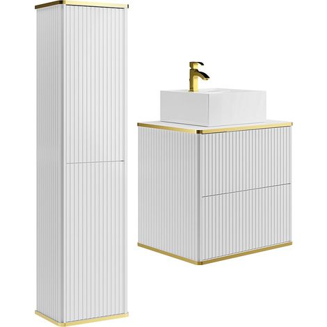 Mobile bagno sospeso con scanalature con lavabo da appoggio quadrato e colonna - Bianco - 60 cm - KELIZA