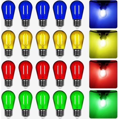Lot de 20 Ampoules Led filament Dimmable Multicolores conçues pour Guirlande Guinguette IP65 2W - Ampoule Led E27 Multicolores - Ampoule 5cm pour Guirlande Guinguette Culot E27 Multicolores (1/5)