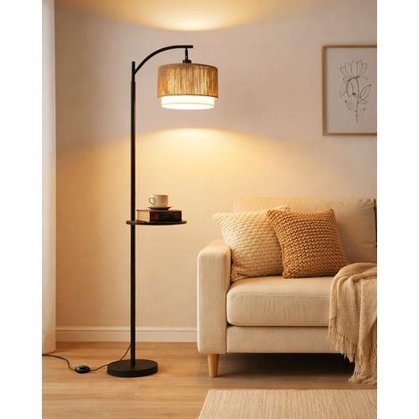 Lampe de sol en rotin avec table, lampe de sol pour salon, lampadaire avec interrupteur au pied, lampadaire bohème noir, double abat-jour en tissu, 3 températures de couleur, ampoule incluse (1/5)