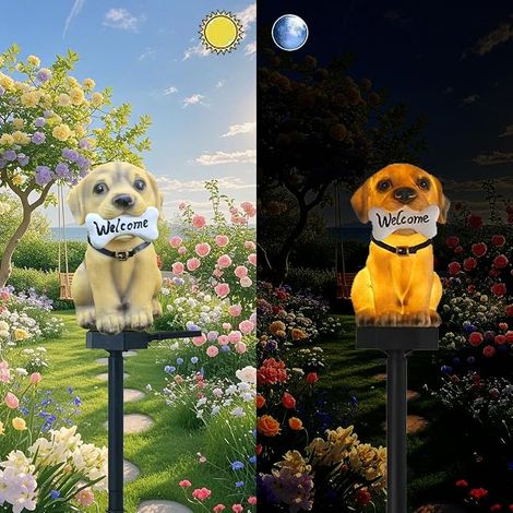 Lumières solaires Petit Chien Jaune, Jardin décoratif résine Mignonne Lampe de Sol Animal, crépuscule sans Fil à l'aube lumières LED imperméable. (1/5)