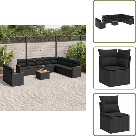 The Living Store Salon de jardin 11 pcs avec coussins noir résine tressée - Ensemble Salon De Jardin - Mobilier De Jardin - Canapé Extérieur - Table Basse Jardin - Chaise Lounge