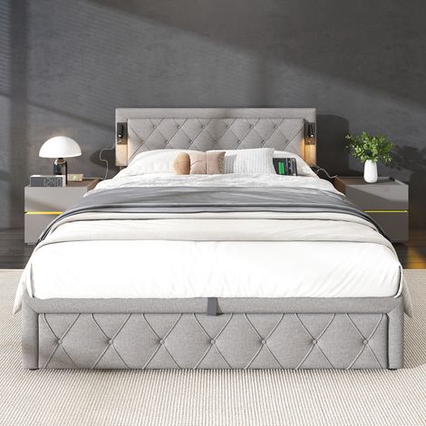 Lit 160x200cm - Rangement Hydraulique - Tissu Lin avec Motif Diamant - Éclairage LED et Ports USB - Sommier à Lattes Inclus - Capacité 300kg - gris
