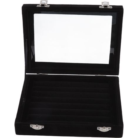 Boîte à bijoux 7 cases en velours noir avec couvercle transparent pour ranger bagues, colliers et boucles d'oreilles (1/5)