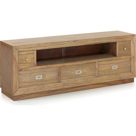 Meuble TV en bois massif de Mindy naturel 5 tiroirs 1 niche Mazari 160cm (1/4)